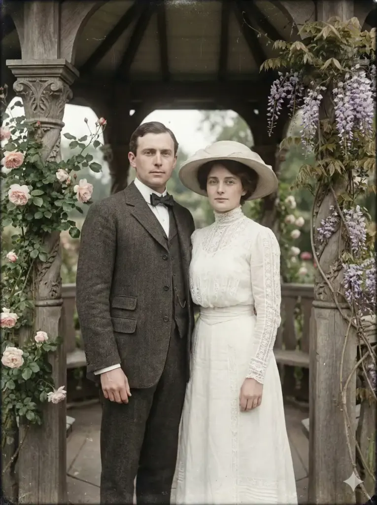 Create a vintage styled photograph of a man in a dark wool suit with a bow tie and a woman in a high-neck lace dress with a wide hat. They should stand side by side with calm composed expressions while facing the camera. Use soft overcast lighting that produces gentle shadows. Add a muted pastel tone inspired by early color photography. Place them inside a garden pavilion with climbing vines and carved wooden pillars. Use aspect ratio 3:4.