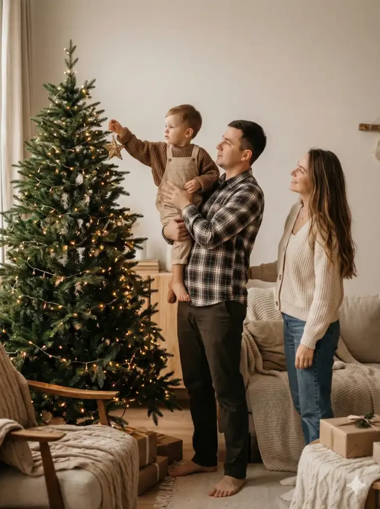 Create a cozy, heartwarming family moment captured in a softly lit living room as they decorate a tall Christmas tree together. The father stands barefoot beside the tree, lifting their young child securely in his arms so the child can place an ornament near the top branches. The child wears light-colored overalls and a warm brown sweater, reaching up with focus and excitement. On the other side of the tree, the mother stands smiling warmly, watching the moment unfold. She has long, flowing hair and is dressed in neutral, cozy knitwear that matches the room's soft, earthy color palette. Use aspect ratio 3:4.