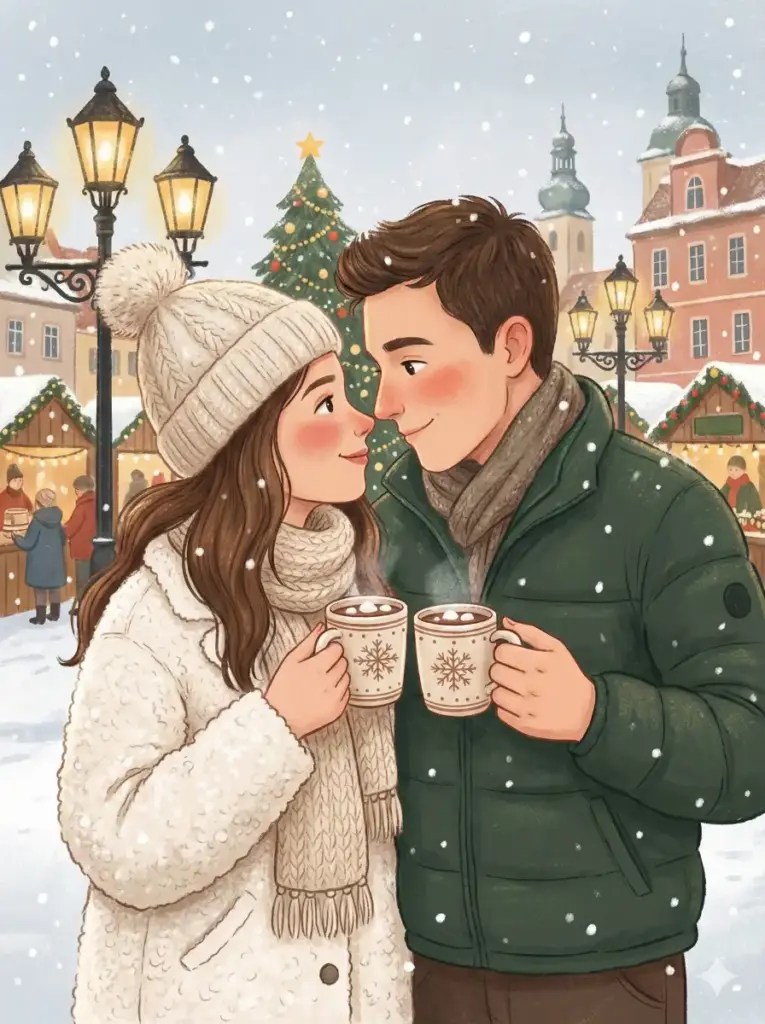 Create a cute winter style illustration of a couple standing close while sipping hot chocolate from matching mugs. The girl wears a fluffy white jacket, knitted scarf and pom pom beanie. The boy wears a dark green puffer jacket with a warm wool scarf. They stand nose to nose with soft smiles and light blush. Add gentle snowfall, warm street lamps and a festive town square behind them. Use aspect ratio 3:4.