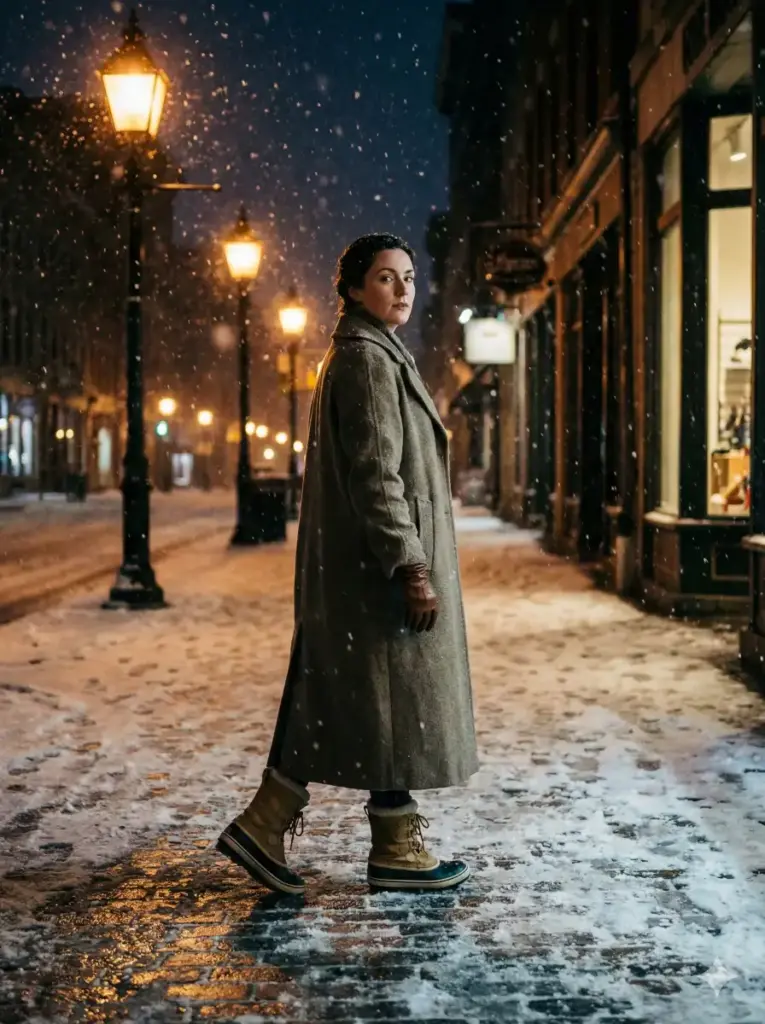 Create a cinematic outdoor portrait of a woman walking through a snowy street at night. She is wearing a long winter coat, gloves, and boots, with her head slightly turned and her posture steady. The background shows falling snow, glowing streetlights, and soft reflections on the ground, creating a dramatic cinematic mood. Use aspect ratio 3:4.