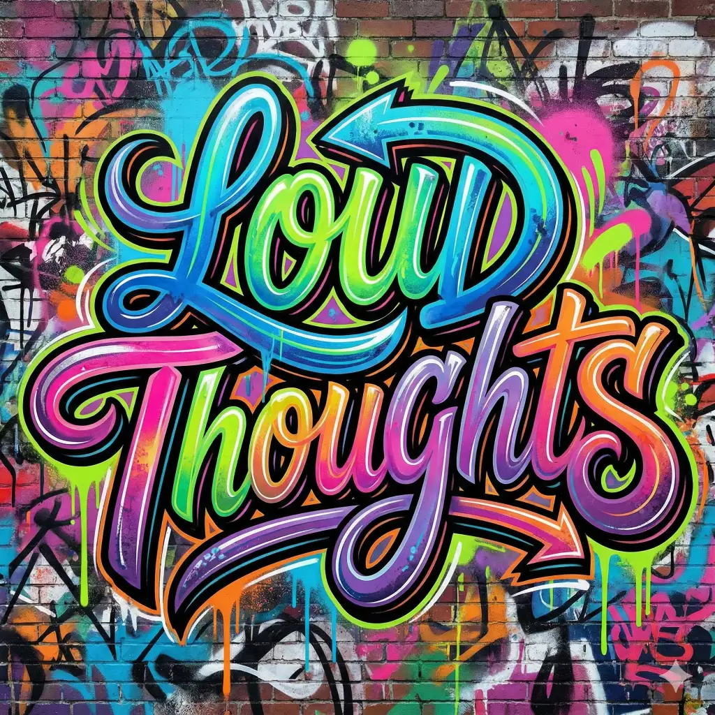 Create graffiti-inspired lettering displaying the text "LOUD THOUGHTS" with thick strokes, exaggerated curves, and dynamic movement. Use vibrant colors, layered outlines, and subtle spray-paint textures for an energetic urban lettering style. Use aspect ratio 1:1.