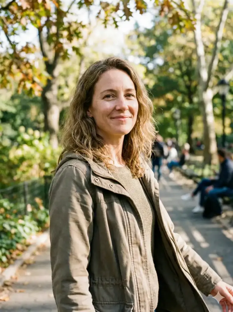 Create a hyper realistic photo of a woman walking through a park path, smiling gently while looking slightly off-camera. She is wearing a light jacket over a simple top, with natural folds and movement in the fabric. Sunlight filters through trees, creating soft highlights on her face and hair. Her expression is warm and relaxed, with realistic skin texture and eye reflections. The background shows greenery, sunlit leaves, and soft bokeh, similar to a candid portrait photo taken on a pleasant day. Use aspect ratio 3:4.