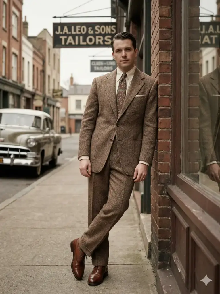 Create a stylish vintage portrait of a man dressed in a tailored brown tweed suit, a cream shirt, a slim tie and polished leather shoes. He should stand with a relaxed upright posture while leaning slightly against a brick storefront. Use soft natural lighting that highlights the textures of the fabric. Add a muted warm color tone inspired by 1950s film photography. Set the background on a quiet retro street with old signboards and a parked classic car. Use aspect ratio 3:4.