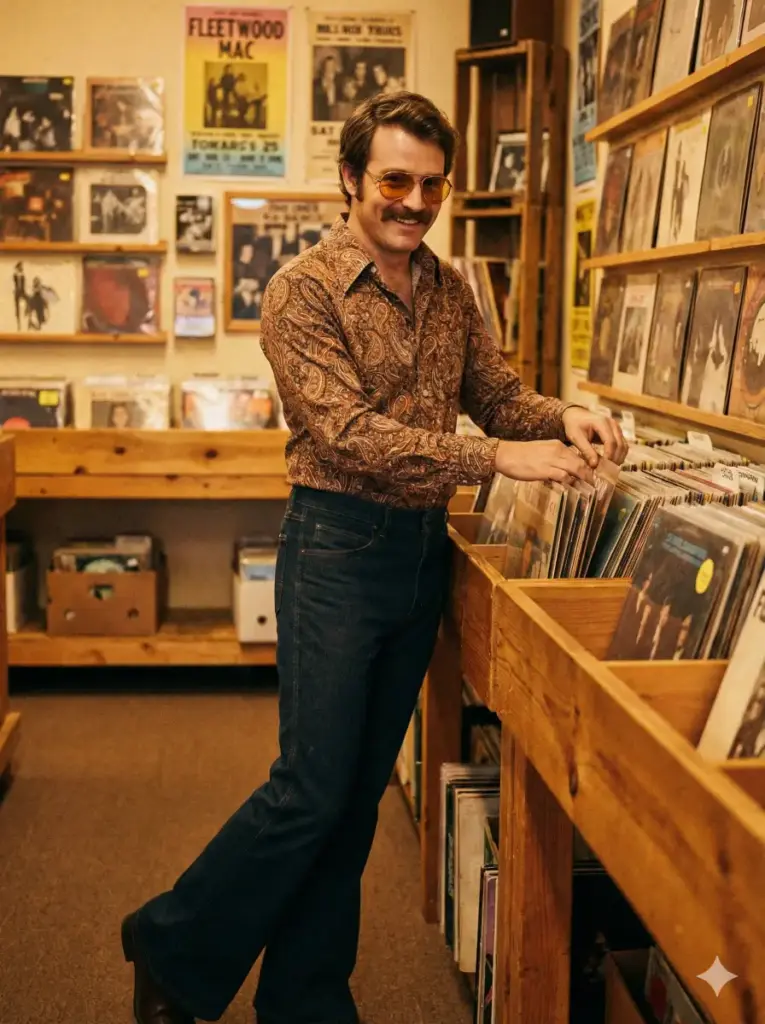 Create a vintage styled photo of a man wearing a patterned shirt, flared pants and tinted glasses while browsing through vinyl records. He should stand with a relaxed posture while flipping through album covers. Use warm indoor light with soft shadows. Add a slightly saturated tone common in 1970s photos. Show shelves of records, posters and wooden racks in the background. Use aspect ratio 3:4.