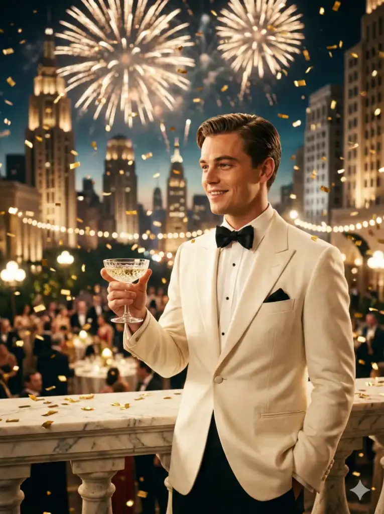 Create a lavish, 1920s-inspired cinematic portrait of a young man holding a crystal champagne coupe. He is dressed in a white tuxedo jacket with a black bow tie and slicked-back hair. He stands on a marble balcony overlooking a party with fireworks exploding in the distance. The lighting is warm and festive, with gold confetti drifting through the air. The background features Art Deco architecture and blurry party lights. The image should feel decadent, sharp, and vibrant, like a scene from a Baz Luhrmann movie. Use aspect ratio 3:4.