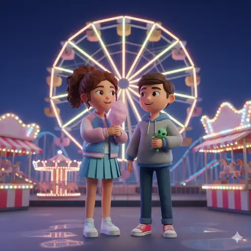 Create a cute 3D cartoon illustration of a couple standing in front of a glowing ferris wheel. The girl holds a cotton candy with both hands and smiles at the boy. She wears a pastel bomber jacket, pleated skirt and sneakers. The boy carries a small toy prize, wearing a hoodie, jeans and canvas shoes. Add vibrant amusement park lights, soft neon reflections and colorful booths. Use aspect ratio 3:4.