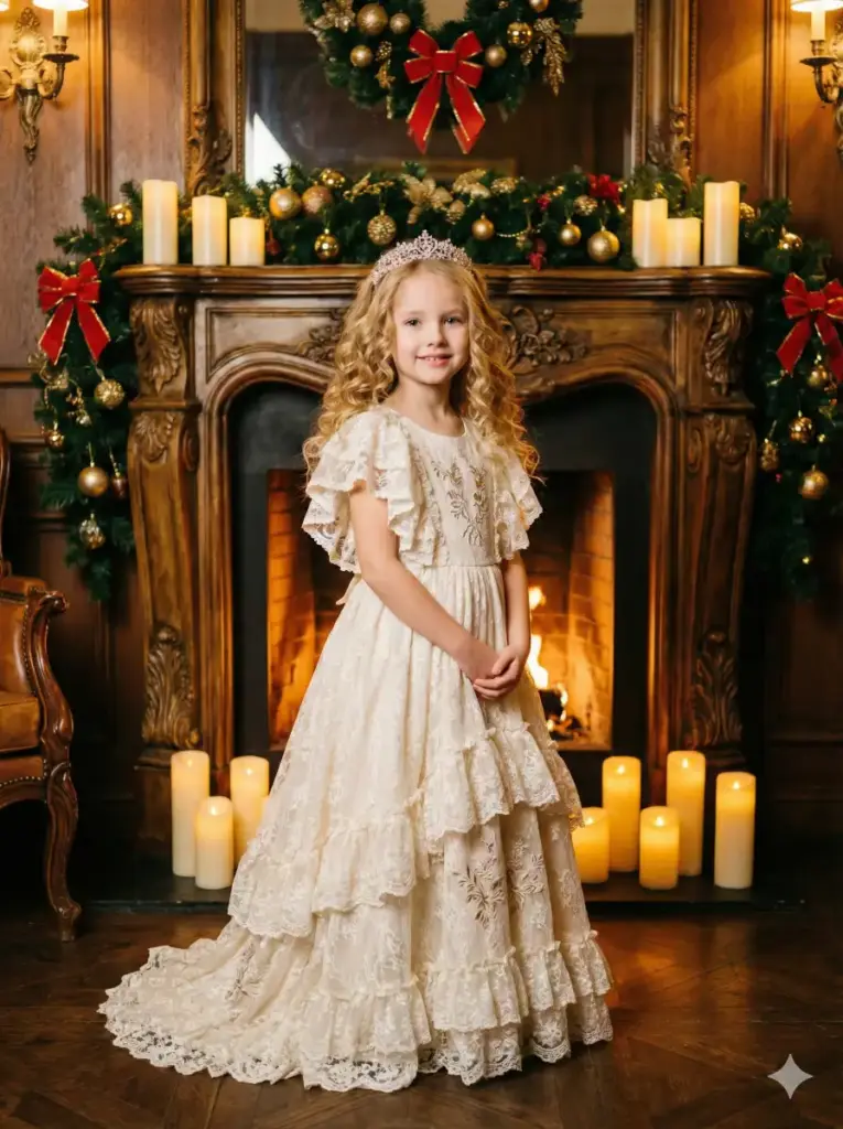 Create a Christmas portrait of a young girl standing gracefully in front of an ornate, vintage-style fireplace. She wears a luxurious, cream-colored lace dress with multiple ruffled layers, flutter sleeves, and delicate embroidered details. Her long, soft blonde curls frame her face, and she wears a sparkling tiara that adds a fairytale touch. She stands with her hands clasped sweetly in front of her, giving a gentle, charming smile. Behind her, the grand fireplace is decorated with lush evergreen garlands, golden accents, red bows, and glowing pillar candles arranged along the mantel. Warm firelight flickers softly inside the hearth, creating a rich, cozy ambiance. Use 3:4 aspect ratio.