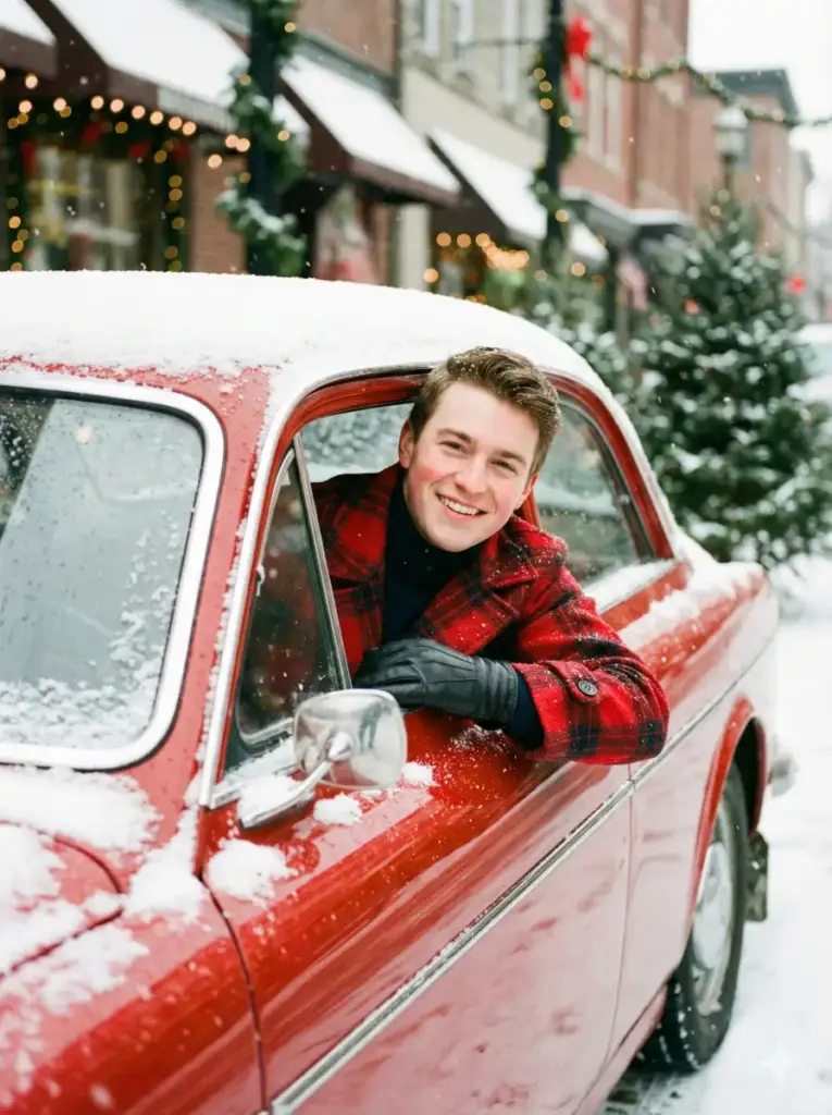 Create a joyful winter Christmas portrait of a young man leaning out of the driver's side window of a classic red vintage car, smiling warmly at the camera. He wears a stylish red plaid wool coat layered over a dark turtleneck, paired with black leather gloves. His expression is cheerful and inviting, conveying cozy holiday happiness. Snowflakes are gently falling through the scene, adding motion and seasonal realism. Use aspect ratio 3:4.