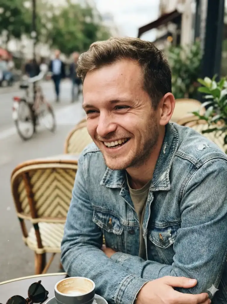 Create a hyper realistic iPhone-style photo of a young man sitting at an outdoor café, leaning forward slightly and smiling mid-conversation. The image has soft computational depth blur behind him, typical of iPhone portrait mode. Natural daylight lights his face evenly, showing realistic pores, light stubble, and smile lines. The background includes blurred chairs, plants, and street details, resembling a casual phone photo. Use aspect ratio 3:4.
