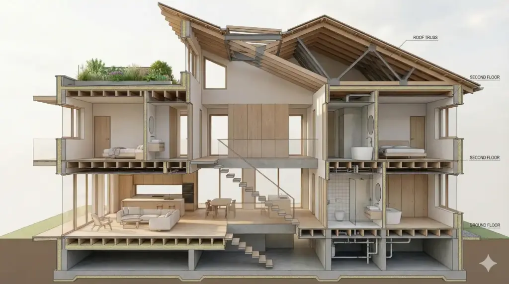 Create a detailed cutaway 3D view of a modern house showing interior spaces, staircases, floor levels, and roof structure. Soft neutral lighting and professional architectural presentation style. Use aspect ratio 16:9.