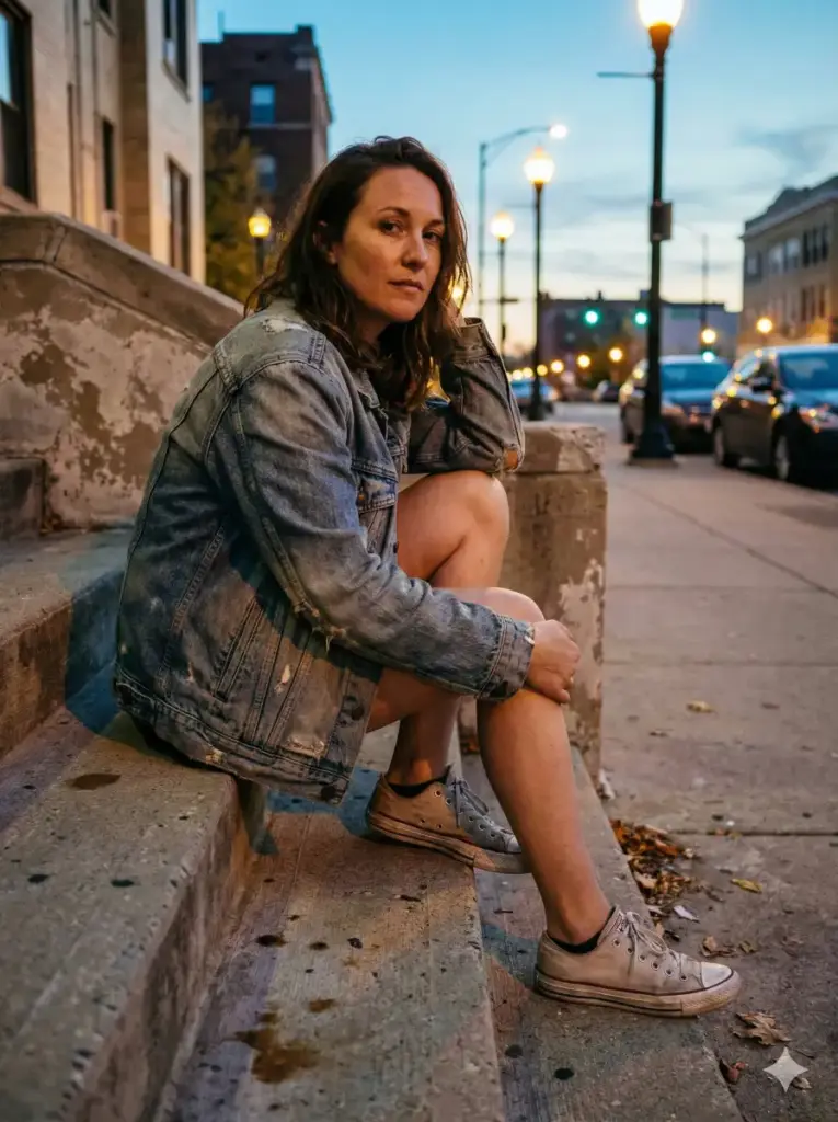 Create a hyper realistic photo of a woman sitting on outdoor steps during early evening, one knee raised and one arm resting casually on it. She is wearing worn sneakers and a denim jacket with natural fading and creases. Soft ambient light from the sky mixes with nearby street lighting, creating realistic color balance on her face. The background includes concrete textures, subtle dirt marks, and softly blurred surroundings like a real candid urban photo. Use aspect ratio 3:4.