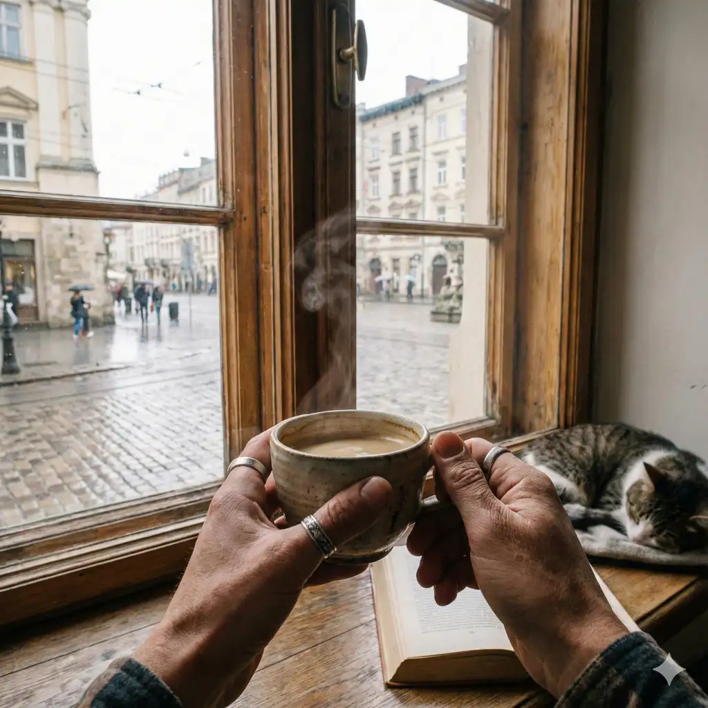 Create a point of view shot of someone holding a coffee cup while sitting by a window, hands visible in the foreground, city view outside, natural morning light, immersive perspective. Use aspect ratio 1:1.