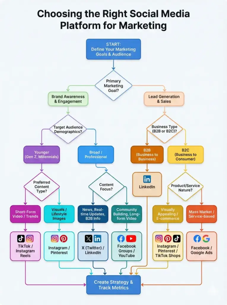 Create a flowchart infographic that helps users decide which social media platform to use for marketing, with decision boxes, arrows, yes or no paths, and clear labels. Use a simple color scheme and logical layout. Use aspect ratio 3:4.