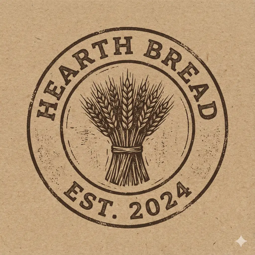 Create a rustic emblem logo for an artisan bakery. The design creates a circular badge stamp effect. Inside the circle is a woodcut-style illustration of a wheat sheaf. The text "HEARTH BREAD" follows the curve of the circle along the top edge, and the text "EST. 2024" follows the curve at the bottom. The font should be a rough, textured slab-serif that looks like it was stamped with ink on brown kraft paper. Aspect ratio 1:1.