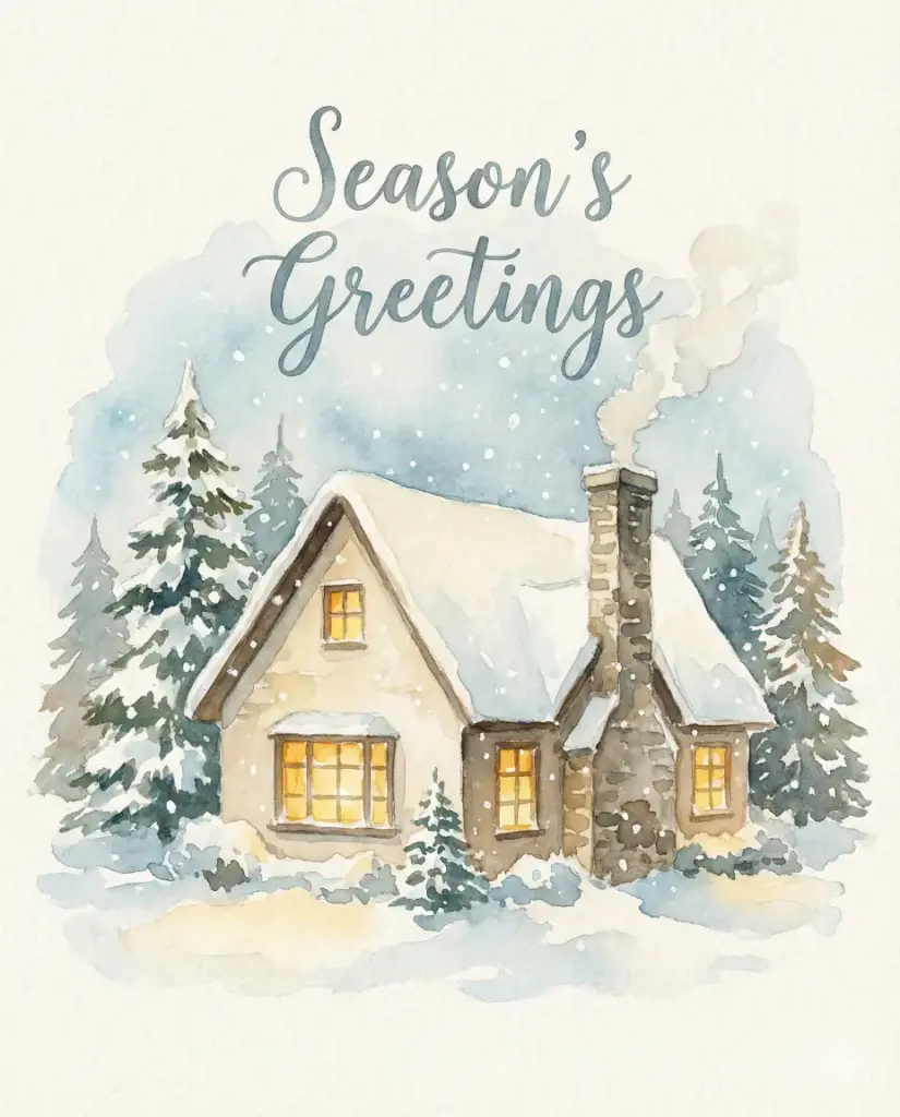Create a soft watercolor painting of a small cozy cottage covered in snow with warm yellow light glowing through the windows. Add gentle pine trees around the cottage and light snowflakes in the air. Add hand painted style text above the cottage that reads Season's Greetings. Use aspect ratio 4:5.