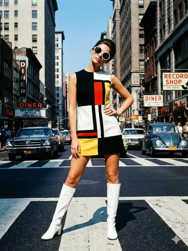 Create a stylish vintage portrait of a woman wearing a bold geometric mini dress, white knee-high boots and large round sunglasses. She should stand confidently in the middle of a crosswalk with one hand on her hip and a slight tilt to her head. Use bright daylight with crisp shadows that echo classic mod photography. Add a clean high-contrast color tone. Place tall buildings, old signboards and passing vintage cars in the background. Use aspect ratio 3:4.