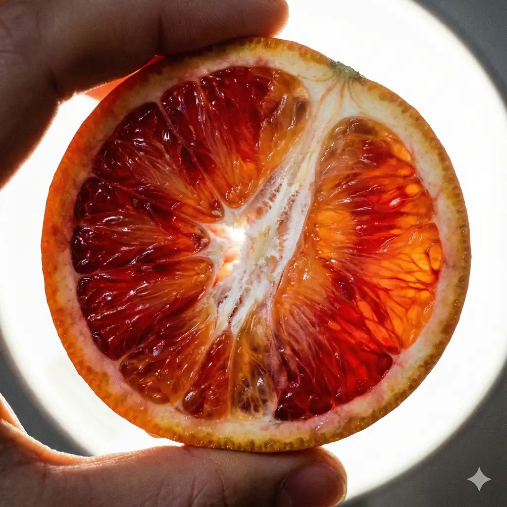 Create a refreshing close up of a slice of an orange held up against a bright light. Focus on the translucent juice sacs (vesicles) and the fibrous white pith. The light should shine through the fruit, making it glow with vibrant reds and oranges. Aspect Ratio 1:1.