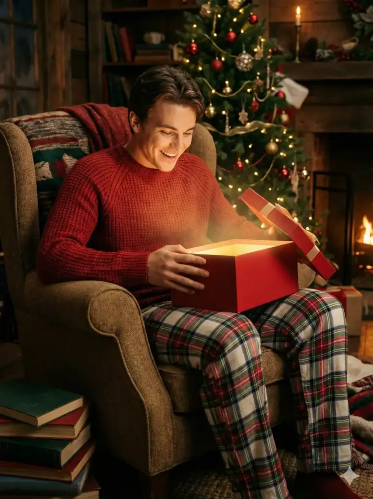 Create a warm, cinematic Christmas lifestyle portrait of a young man seated comfortably in a cozy armchair, wearing a textured red knit sweater and festive plaid pajama pants. He is smiling with genuine joy and surprise as he opens a red gift box with a green ribbon on his lap. A soft, magical golden light glows from inside the box, illuminating his face, hands, and sweater, creating a sense of wonder and holiday magic. His expression is joyful and authentic. Use aspect ratio 3:4.