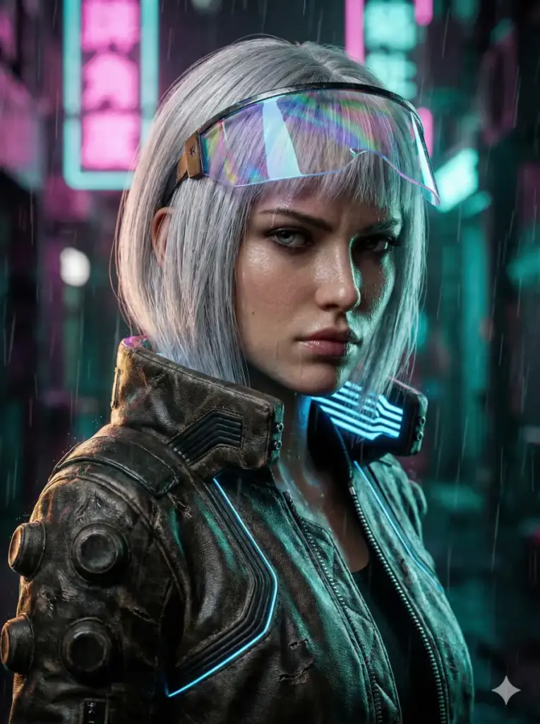 Create a hyper-realistic, cinematic portrait of a young woman with a sharp, intense gaze, standing in a rain-slicked, neon-lit alleyway of a futuristic city. She is wearing a distressed high-collar tactical leather jacket with glowing blue piping and a sheer holographic visor resting on her forehead. Her skin has a subtle sheen from the humidity, and her hair is a short, textured bob dyed silver-white. The background features out-of-focus neon signs in pink and teal, creating a heavy bokeh effect. The lighting is dramatic chiaroscuro, with a strong rim light highlighting her jawline. Shot on an 85mm lens, f/1.8, highly detailed skin texture, 8k resolution. Use aspect ratio 3:4.