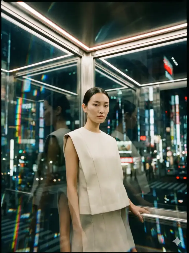 Create a fashion-forward night portrait of a woman standing inside a glass elevator at night. City lights reflect and refract through the glass panels around her. She wears a sleeveless structured top with clean lines and minimal styling. Mixed reflections create layered depth while soft interior lighting highlights her face. The mood feels modern, stylish, and visually unexpected. Use aspect ratio 3:4.