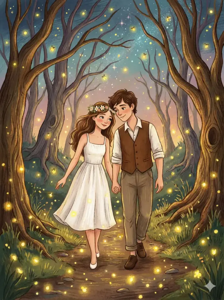 Create a cute storybook style illustration of a couple walking hand in hand through a forest path covered with glowing fireflies. The girl wears a simple white sundress and a flower crown. The boy wears a brown vest over a white shirt with casual trousers. They look at each other with gentle smiles while leaning slightly closer as they walk. Add textured brush strokes, magical sparkles and tall whimsical trees to form a fairytale scene. Use aspect ratio 3:4.