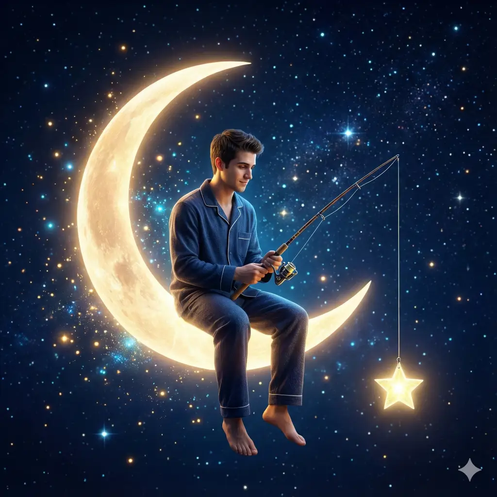 Create a whimsical and hyperrealistic tiny version of the person in the attached photo sitting on the edge of a glowing crescent moon that hangs in a starry night sky. The person is holding a fishing rod, but instead of a hook, the line is catching a glowing star. The person is wearing casual night dress. Magical atmosphere with sparkling particles. Aspect ratio 1:1.