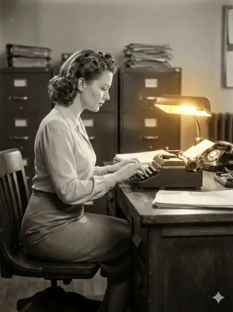 Create a stylish vintage portrait of a woman wearing a fitted blouse, a pencil skirt and pinned back curls. She should sit at a wooden desk while typing with focused posture. Use warm desk lamp lighting with soft highlights across the keys. Add a subtle monochrome film tone. Include filing cabinets, stacked papers and an old rotary phone in the background. Use aspect ratio 3:4.