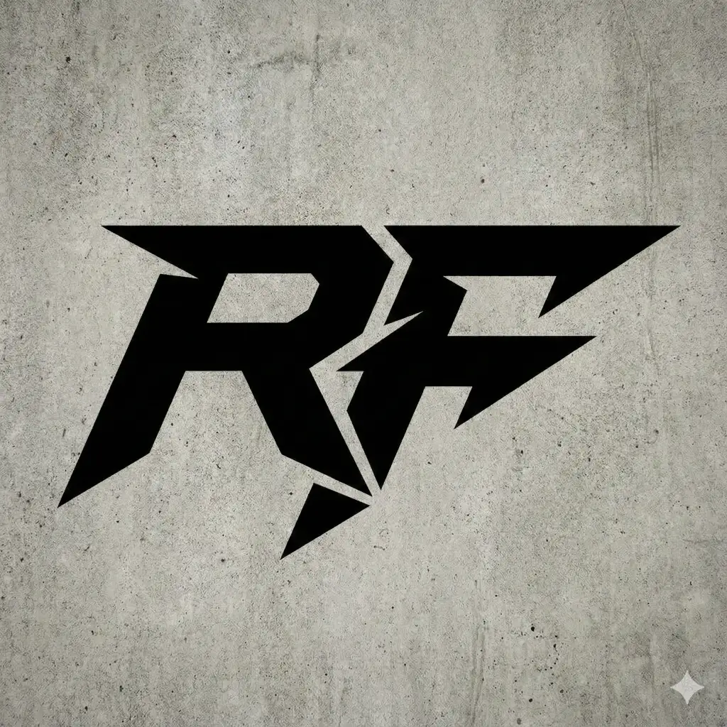 Create an athletic lifestyle brand logo in aspect ratio 1:1. Use a strong monogram made from the letters RF intertwined with sharp edges and dynamic angles, symbolizing strength and movement. The logo must look energetic and bold with a solid fill. No other text besides RF.