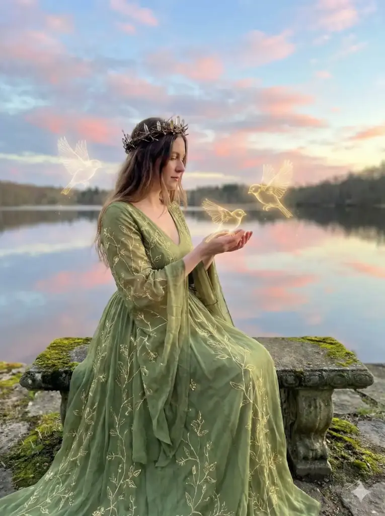 Create a portrait of a woman dressed as a gentle fairy tale queen. She sits near a lake with a serene posture. Light golden birds made of magic hover around her hands. Her gown is detailed with embroidery that glows softly. Reflection of the sky appears in the water and pastel clouds fill the background. Add aspect ratio 3:4.
