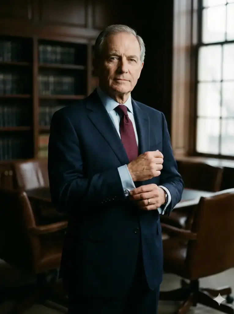 Create a traditional yet stunning corporate portrait of a senior financial advisor. He is wearing a dark navy bespoke Italian suit, a light blue shirt, and a burgundy silk tie. He is standing with good posture, one hand adjusting his cufflink and the other relaxed by his side. The setting is a library-style conference room with blurred bookshelves and dark wood paneling in the background, conveying wisdom and stability. The lighting is "Rembrandt style," casting a dramatic yet professional shadow on one side of the face. Aspect ratio 3:4.