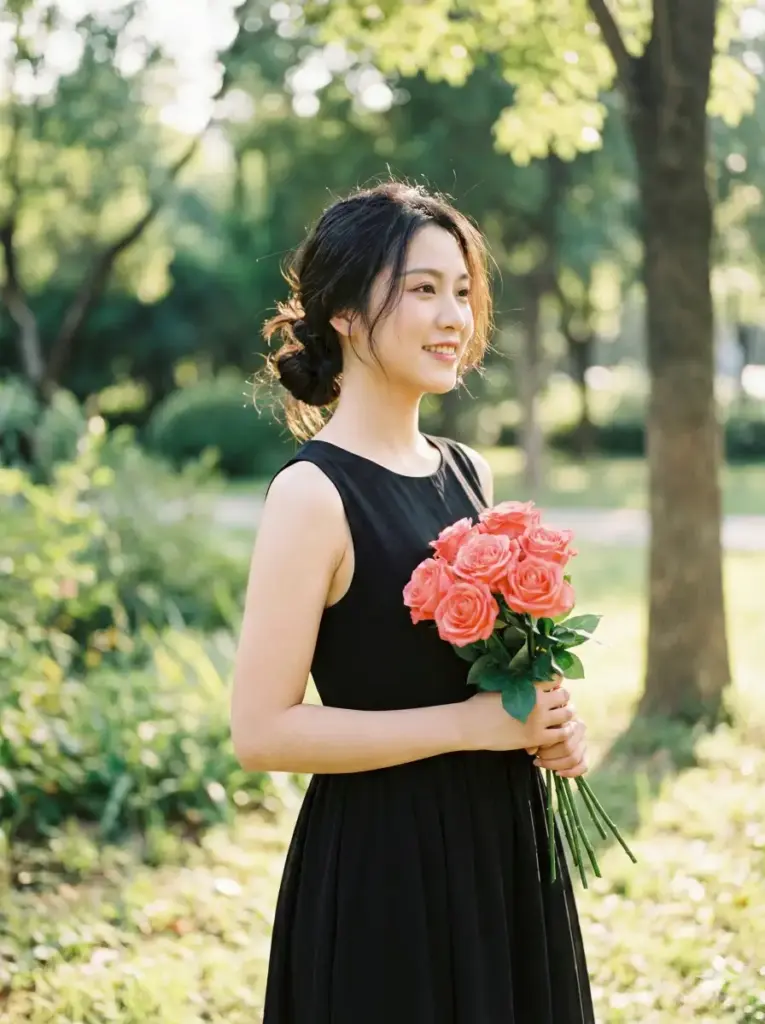 Create a graceful outdoor portrait of a young woman standing in a sunlit park or garden setting, surrounded by softly blurred trees and greenery. She wears a simple yet elegant sleeveless black dress with a fitted bodice and flowing skirt, creating a timeless, minimalist silhouette. Her posture is relaxed and natural, conveying quiet confidence and ease. Her dark hair is styled in a low, slightly messy bun with soft face-framing strands. She smiles gently while looking off to the side, not directly at the camera, giving the image a candid, joyful feeling. Her makeup is natural and fresh, with softly defined eyes and a warm, natural lip tone. She holds a small bouquet of coral-pink roses with green stems, cradled lightly in both hands at waist level. Use aspect ratio 3:4.