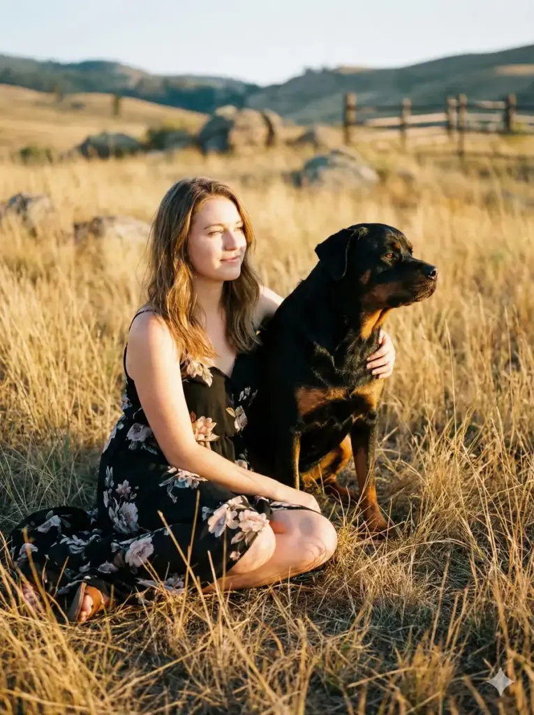 Create a warm, cinematic outdoor portrait of a young woman seated in a field of tall, golden dry grass during golden hour, accompanied by a large Rottweiler dog sitting calmly beside her. The woman wears a sleeveless black dress with a soft floral pattern, flowing naturally as she sits on the ground. Her light brown hair is styled in loose, shoulder-length waves, gently catching the warm sunlight. She looks off into the distance with a peaceful, thoughtful expression, her posture relaxed and grounded. The Rottweiler is strong and attentive, with glossy black-and-tan fur illuminated by the sunset light, gazing alertly toward the horizon. The connection between the woman and the dog feels calm, protective, and intimate. The landscape stretches softly behind them with rolling fields and scattered rocks, all bathed in rich amber tones. Lighting is low-angle and warm, casting long highlights and soft shadows that enhance texture in the grass, skin, and fur. The background is softly blurred, emphasizing the subjects while maintaining a natural, expansive countryside feel. Use aspect ratio 3:4.
