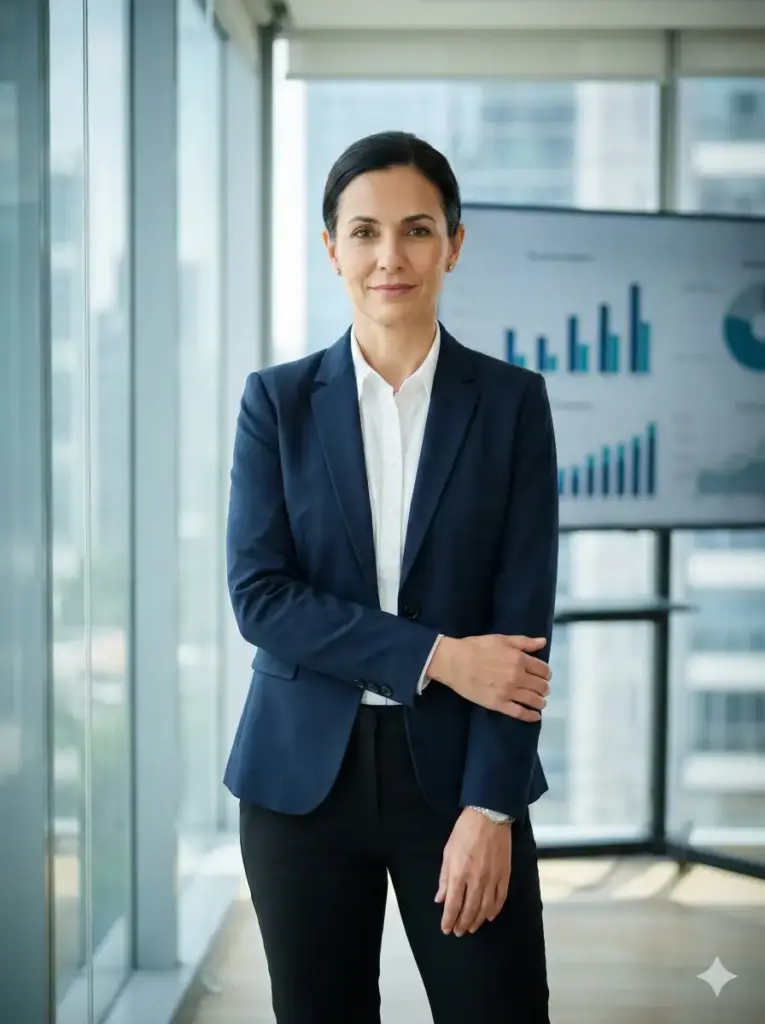 Create a corporate executive portrait of a confident businesswoman standing straight with relaxed shoulders, hands lightly crossed in front, wearing a tailored dark navy blazer, crisp white shirt, subtle makeup, neat low bun hairstyle, minimal jewelry, and black slim-fit trousers. Capture her in a modern glass office setting with soft natural light, blurred financial charts on a screen behind her, and high rise city buildings visible through a large window. Style the photo with a clean professional look, balanced lighting, smooth gradients, and realistic skin tones. Include fine clothing texture and a slight vignette to bring focus to the subject, aspect ratio 3:4.