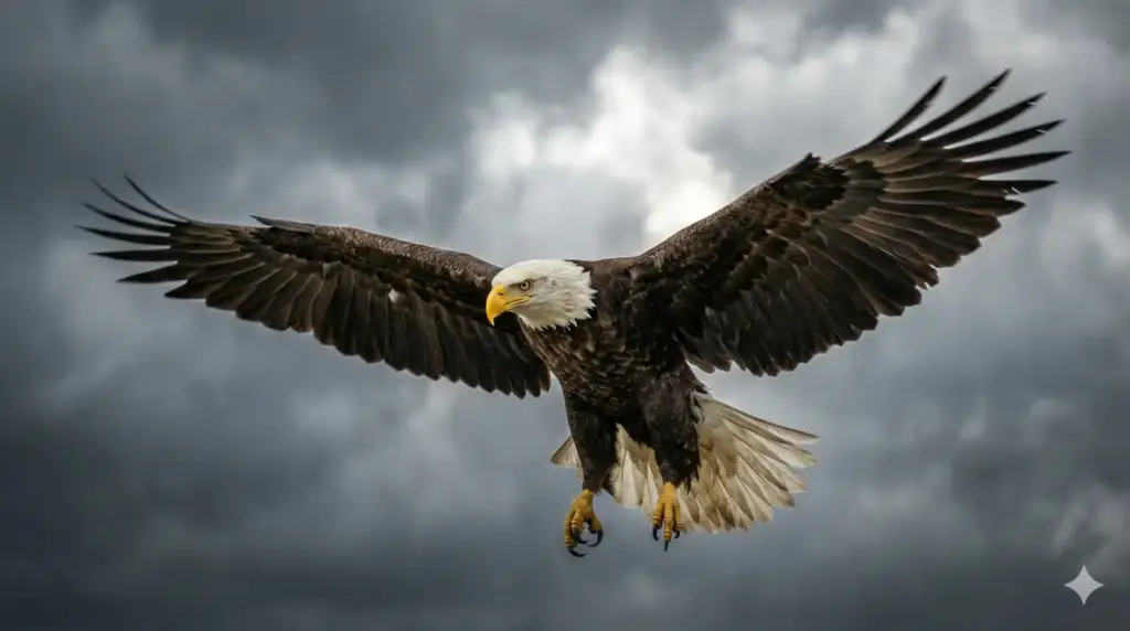 Create an ultra-realistic wildlife photograph of a bald eagle mid-flight, wings fully spread showing detailed feather patterns, sharp yellow beak and focused eyes, talons extended, dramatic cloudy sky backdrop, natural motion blur on wing tips, strong contrast lighting, professional telephoto lens look, National Geographic–style bird photography. Use aspect ratio 16:9.