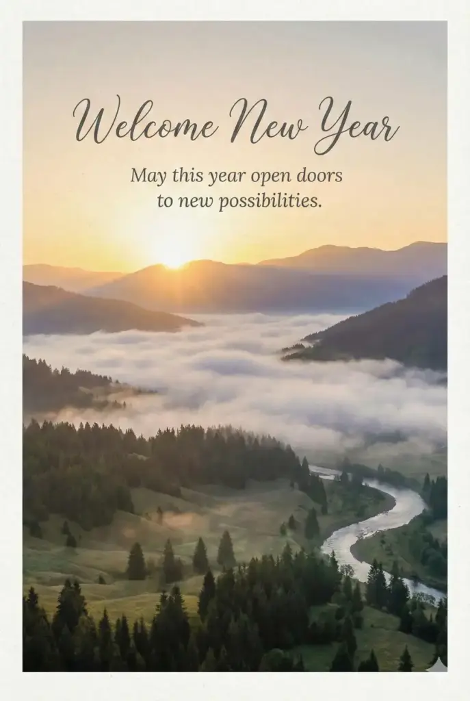 Create a nature-inspired New Year greeting card featuring a sunrise over mountains symbolizing fresh beginnings. Use soft golden sunlight, misty valleys, and calming colors. Place elegant text in the sky that reads "Welcome New Year" with a hopeful line below saying "May this year open doors to new possibilities." Keep the mood peaceful and uplifting. Use aspect ratio 2:3.