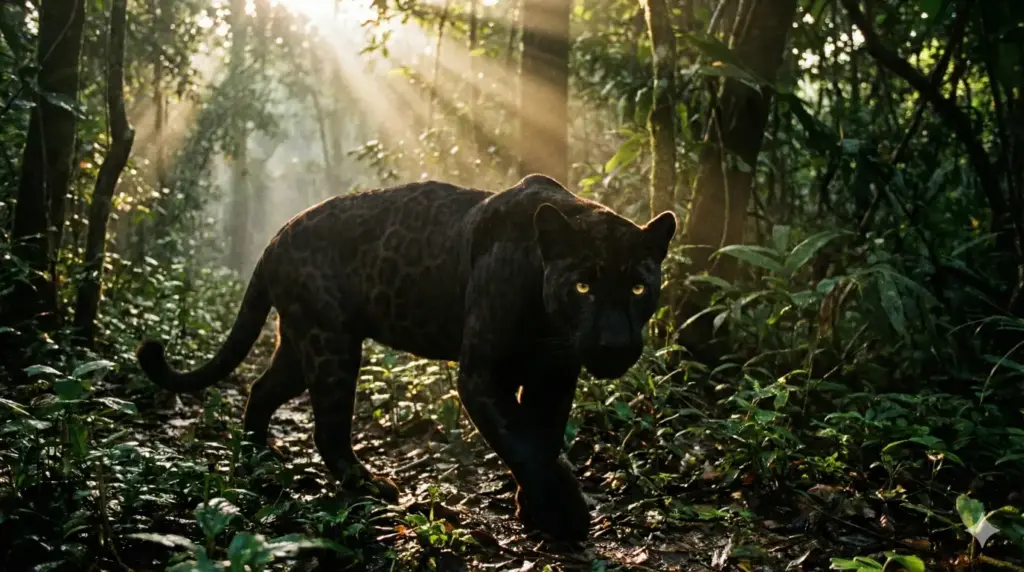 Create an ultra-realistic wildlife photograph of a black panther walking silently through dense jungle shadows, sleek dark fur with subtle highlights, glowing yellow eyes, soft shafts of light breaking through foliage, moody atmosphere, cinematic realism, National Geographic visual storytelling style. Use aspect ratio 16:9.