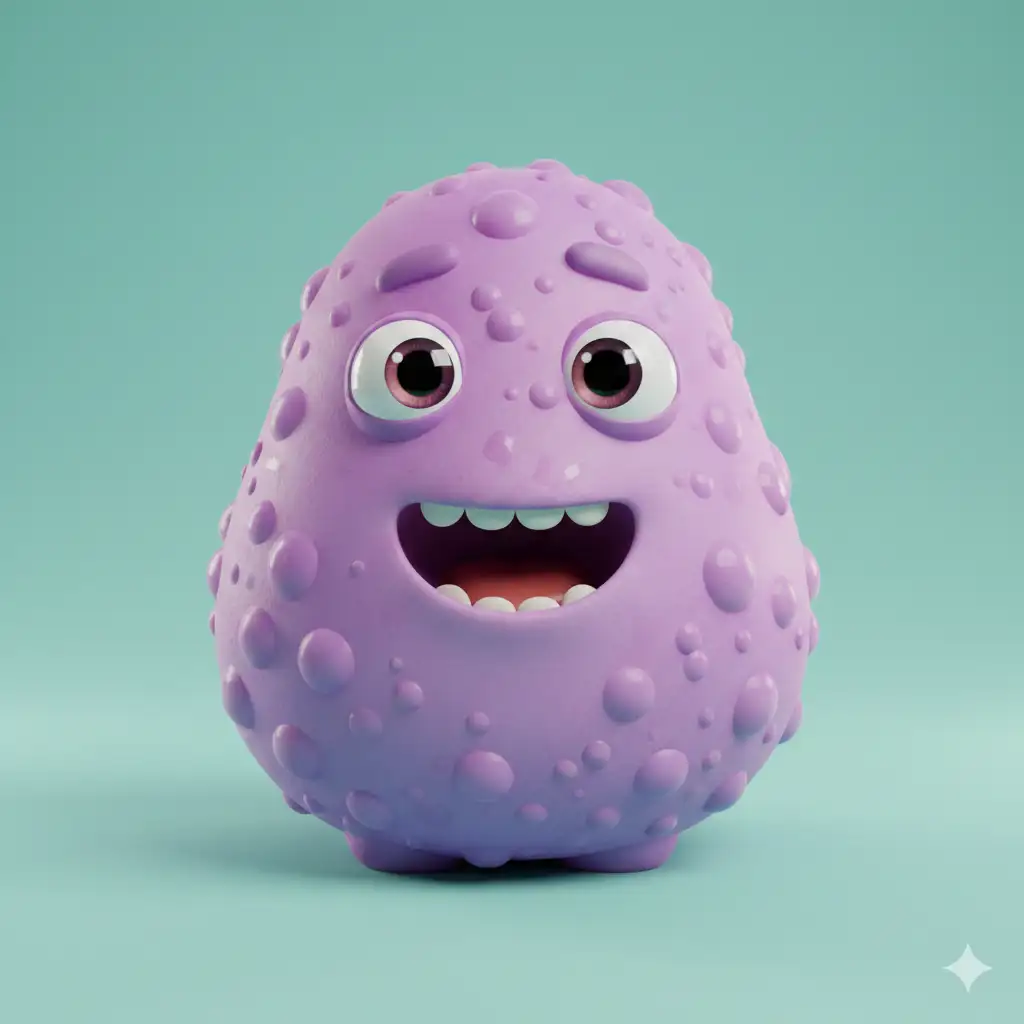 Create an ultra cute pastel purple monster with tiny bubble shaped bumps and a soft, rounded pear body. Place the character on a smooth mint background. The monster has expressive eyes and a cheerful giggle, with glossy highlights that add charm. The style is 3D cartoon with gentle subsurface glow, soft shadows, and high quality lighting inspired by Blender animations. The surface texture is smooth and plush-like, with vibrant solid colors. The overall design is simple, adorable, and full of personality. Use aspect ratio 1:1.