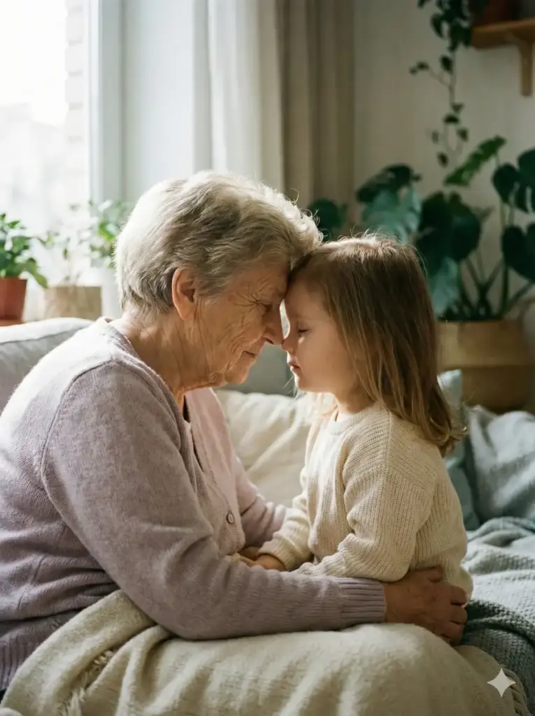 Create a heartwarming photo of a grandmother pressing her forehead gently against the forehead of her grandchild. Their eyes are closed, sharing a moment of silent communication and love. The lighting should be soft and window-lit, casting gentle highlights on their hair. The texture of the grandmother's wrinkled skin should contrast beautifully with the smooth skin of the child. The color palette should be muted pastels and warm creams. Use aspect ratio 3:4.