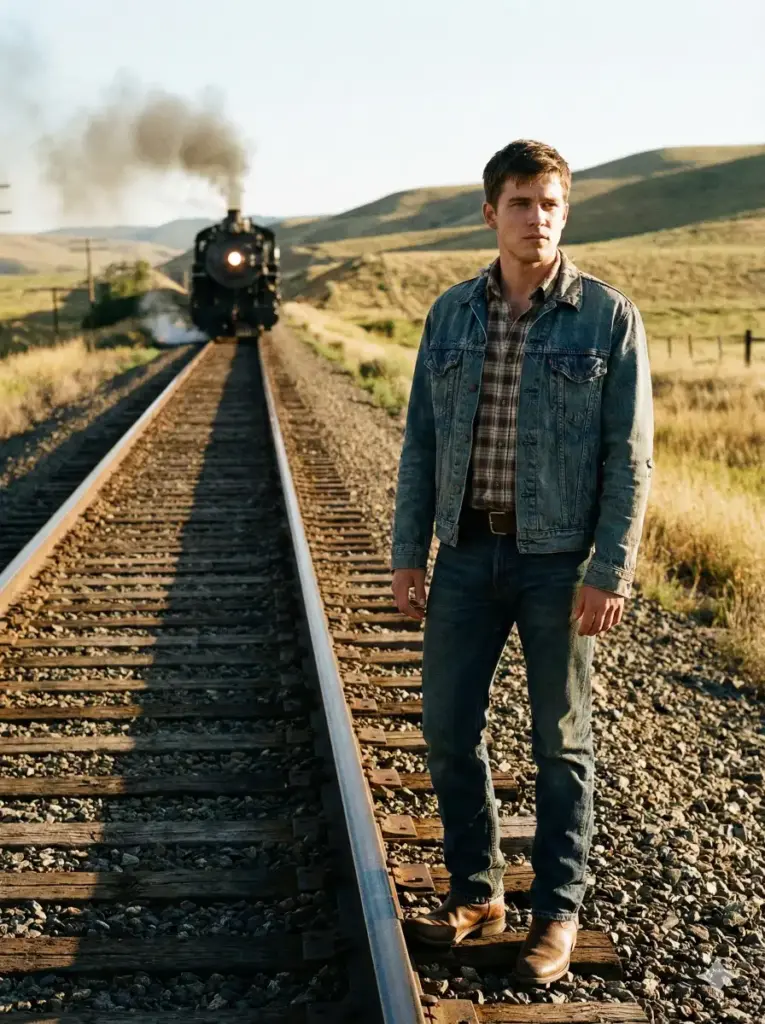 Create a cinematic outdoor photo of a young man standing beside a train track in a rural area. He is wearing a plaid shirt, denim jacket, and boots, standing with squared shoulders and a thoughtful expression. The background features long rails stretching into the distance, dry grass, and soft afternoon light for a cinematic look. Use aspect ratio 3:4.