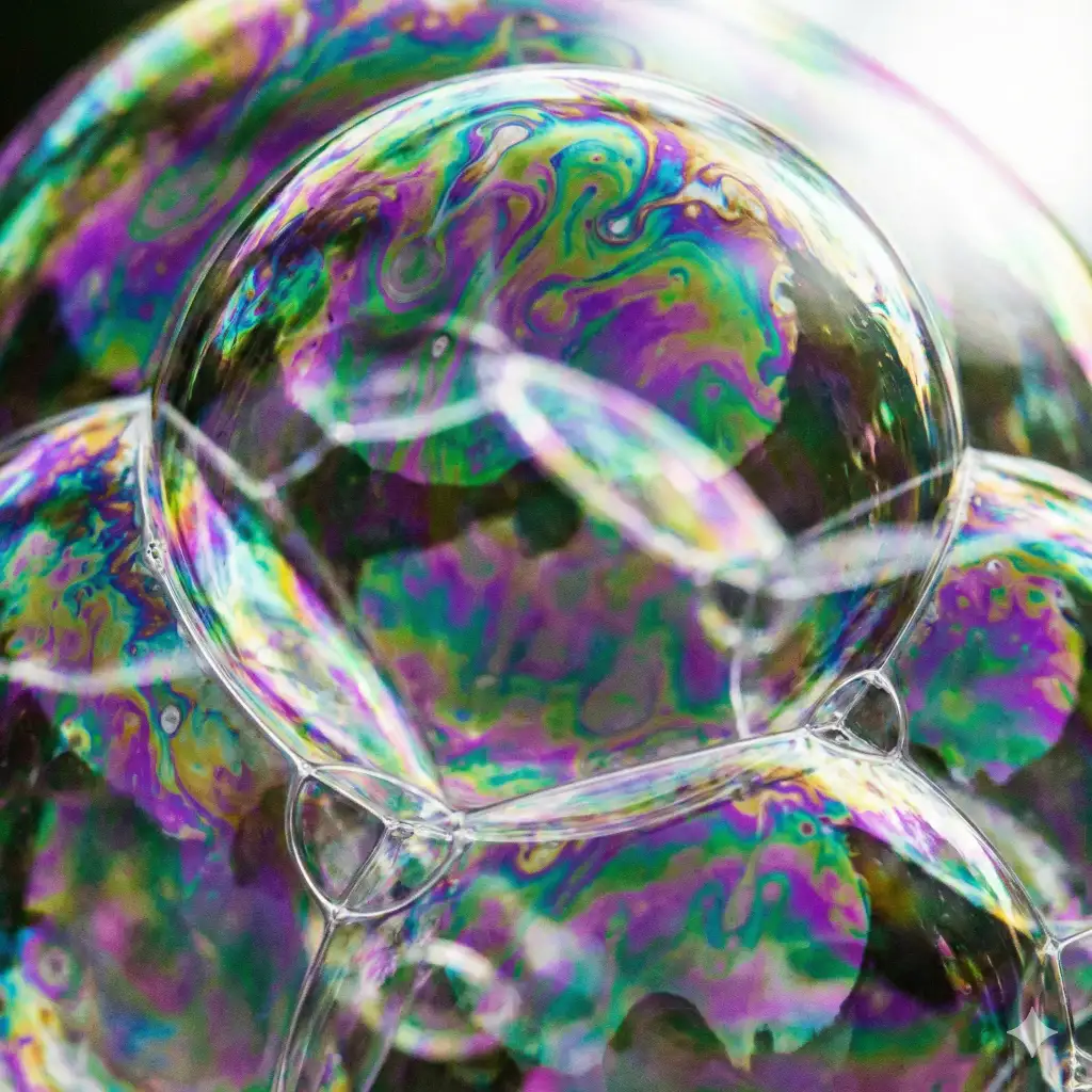 Create an abstract macro photograph of soap bubbles, focusing on the swirling psychedelic oil-slick colors on the surface, capturing the spherical distortion and transparency, high key lighting, use aspect ratio 1:1.