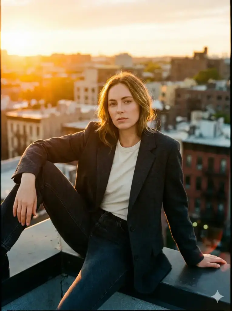 Create a cinematic outdoor portrait of a woman sitting on the edge of a rooftop during sunset. She is wearing a modern blazer over a casual outfit, sitting with one knee raised and her arms resting comfortably. The background includes a glowing sky, layered city buildings, and warm highlights contrasting with deep shadows. Use aspect ratio 3:4.