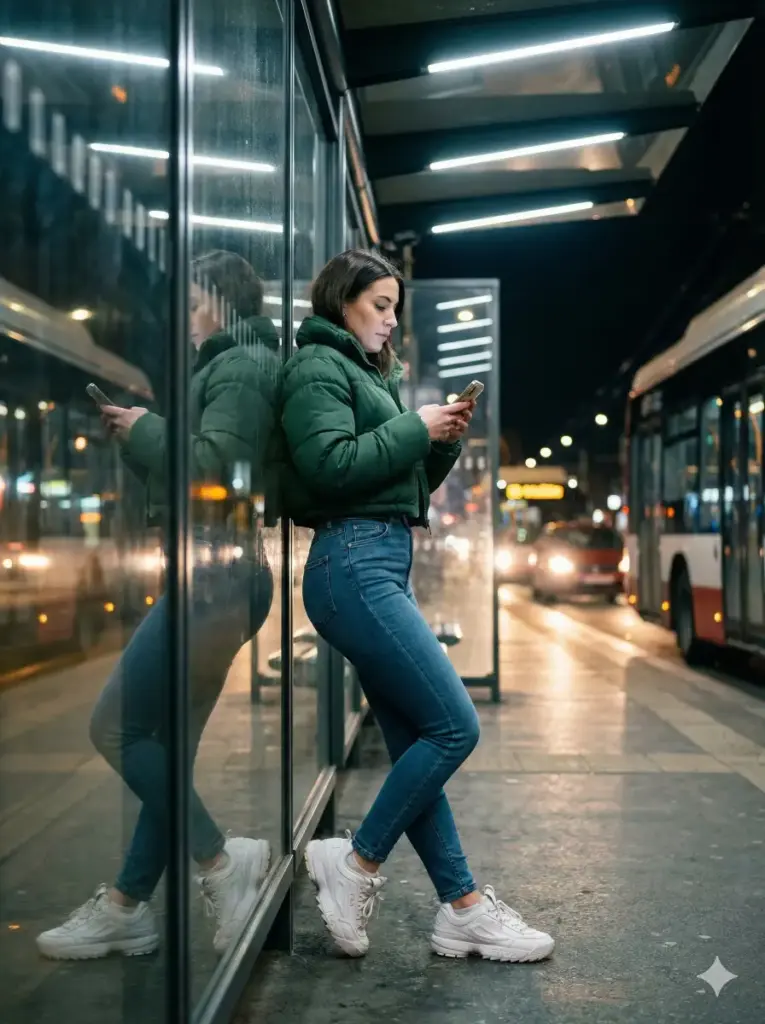 Create a cinematic photo of a woman posing at a modern bus stop shelter while wearing a cropped puffer jacket, fitted jeans, and chunky sneakers. Show her leaning slightly against the glass panel with one hand holding her phone. Use mixed lighting from overhead lamps and passing headlights. Keep the color tone modern and balanced. Add reflections in the glass and blurred city buses behind her. Use aspect ratio 3:4.