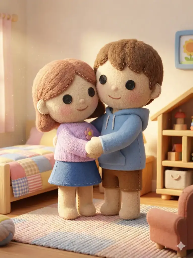 Create a cute 3D plush style illustration of a couple hugging gently like soft toy characters. Give them plush textures, stitched edges and round button style eyes. The girl wears a tiny felt skirt and pastel top. The boy wears a soft felt hoodie and shorts. Place them in a cozy bedroom with warm morning light and simple toy-like furniture. Use aspect ratio 3:4.