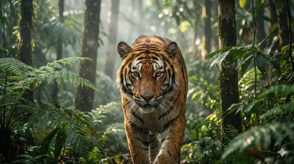 Create a hyper-realistic wildlife photograph of a Bengal tiger emerging silently from dense tropical rainforest foliage, its orange and black striped fur sharply detailed with visible moisture, intense amber eyes locked forward, soft morning mist drifting between tall trees, dappled sunlight filtering through leaves, cinematic natural color tones, shallow depth of field, ultra-high resolution nature photography, National Geographic style composition, dramatic yet natural lighting. Use aspect ratio 16:9.