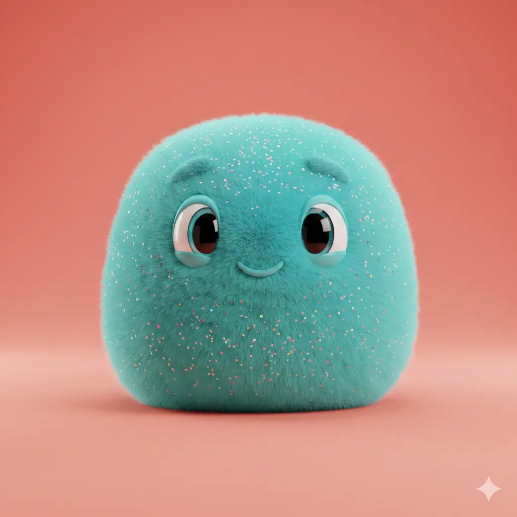 Create an ultra cute cyan monster with glittery freckles and a soft, rounded pillow shaped body. Place the character on a smooth coral background. The monster has expressive eyes and a gentle smiling expression, with glossy highlights that add charm. The style is 3D cartoon with gentle subsurface glow, soft shadows, and high quality lighting inspired by Blender animations. The surface texture is smooth and plush-like, with vibrant solid colors. The overall design is simple, adorable, and full of personality. Use aspect ratio 1:1.