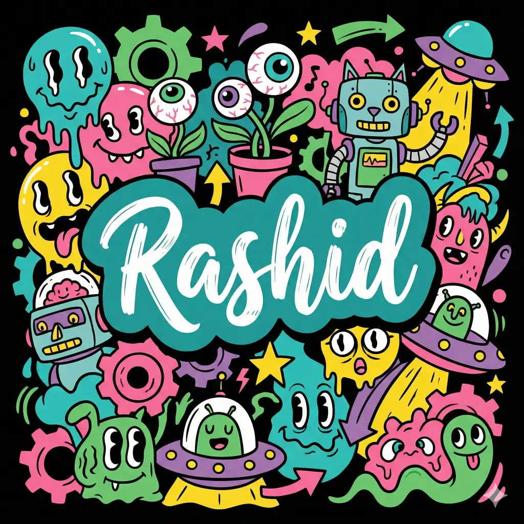 Create a bold, playful cartoon illustration in a vibrant doodle-art style, set against a solid black background. The composition is packed edge-to-edge with quirky, surreal characters and abstract shapes. In the center, large hand-drawn lettering reads "Rashid" in loose, white, brush-style script, placed on top of an irregular teal cloud shape that acts as a title banner. Color palette is bright and saturated—teal, pink, yellow, green, purple, and white—outlined with thick, confident black lines. The overall vibe is fun, chaotic, and slightly surreal, reminiscent of street art, sticker art, and modern graphic illustration. Flat colors, no gradients, clean vector-like finish, high contrast, and a playful, hand-drawn aesthetic. Use aspect ratio 1:1.
