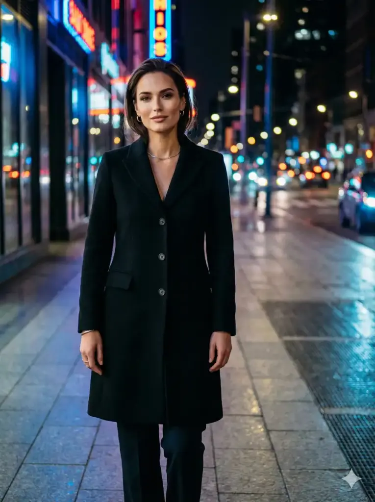 Create a stylish nighttime fashion portrait of a woman standing beneath glowing city lights on a modern sidewalk. She wears a tailored black coat with clean lines and minimal accessories. Neon signage and streetlights cast soft colorful reflections across the pavement. The lighting sculpts her face with gentle highlights and smooth shadows, emphasizing confident posture and refined styling. The background is blurred with cinematic bokeh for an editorial magazine look. Use aspect ratio 3:4.