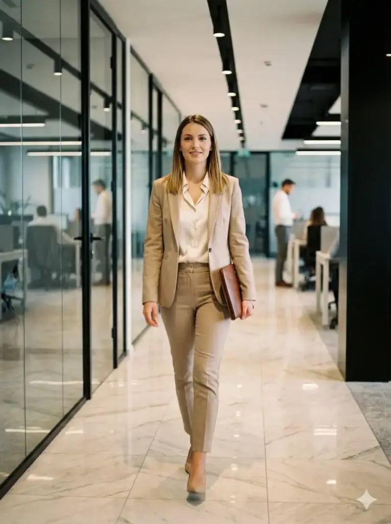 Create a corporate scene of a woman walking confidently toward the camera in an elegant office hallway, holding a leather folder at her side. Dress her in a fitted beige blazer, slim trousers, light silk blouse, and low heels. Hair straight and neat, soft professional smile. Add glass partitions, directional ceiling lights, polished marble tiles, and blurred employees in the distance. Give the environment modern architecture cues with clean lines and warm light balance that creates subtle reflections. Slight motion feel without losing sharpness on her face, aspect ratio 3:4.