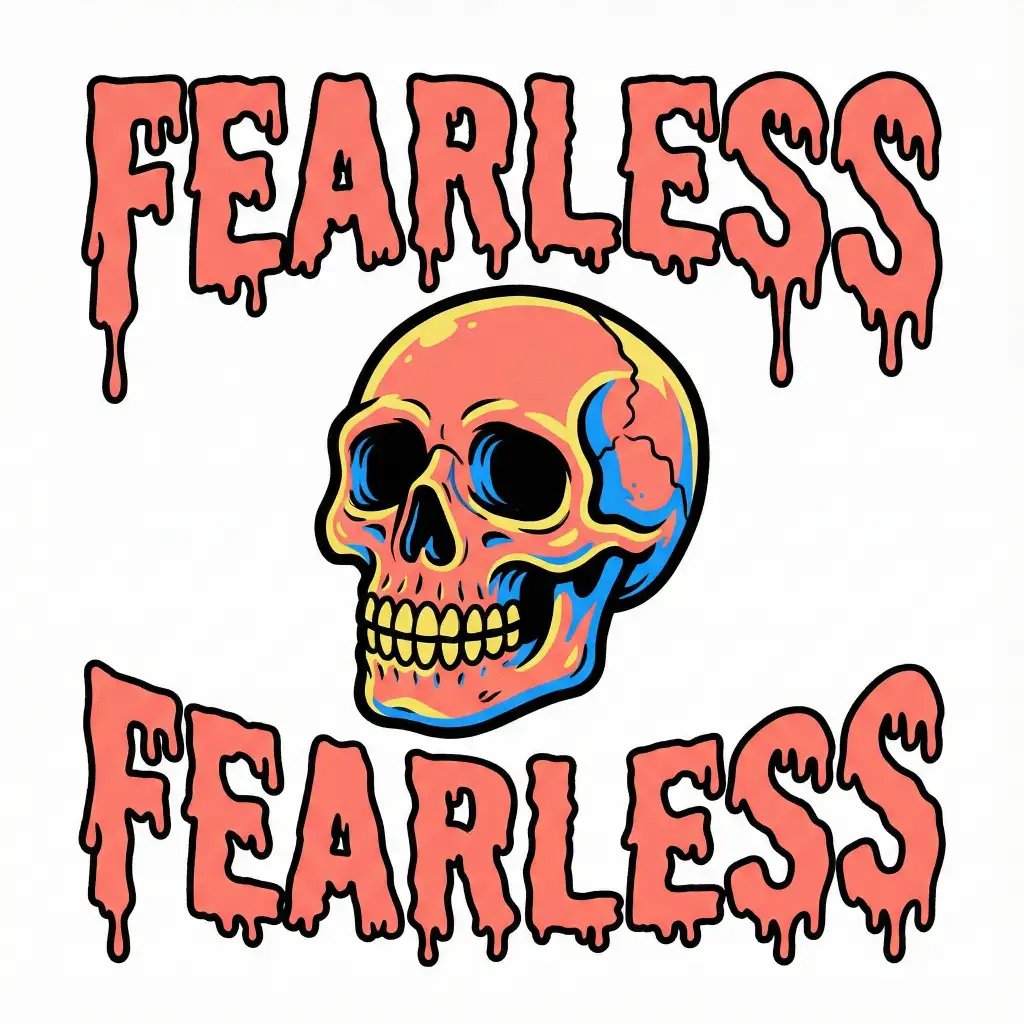 Create a bold, vibrant illustration with a rebellious, punk-metal aesthetic on a clean white background. The central composition features dripping, slime-like typography at the top and bottom reading "FEARLESS" in large, distorted letters. The font appears organic and molten, as if melting or bleeding downward, with thick outlines and uneven edges. The lettering is a fleshy, muted coral-pink tone with darker shading inside the drips for depth. In the center sits a stylized skull. The skull is slightly cartoonish rather than realistic. The overall style is vibrant color illustration with thick black linework, minimal shading, and a screen-print-ready look. Use aspect ratio 1:1.