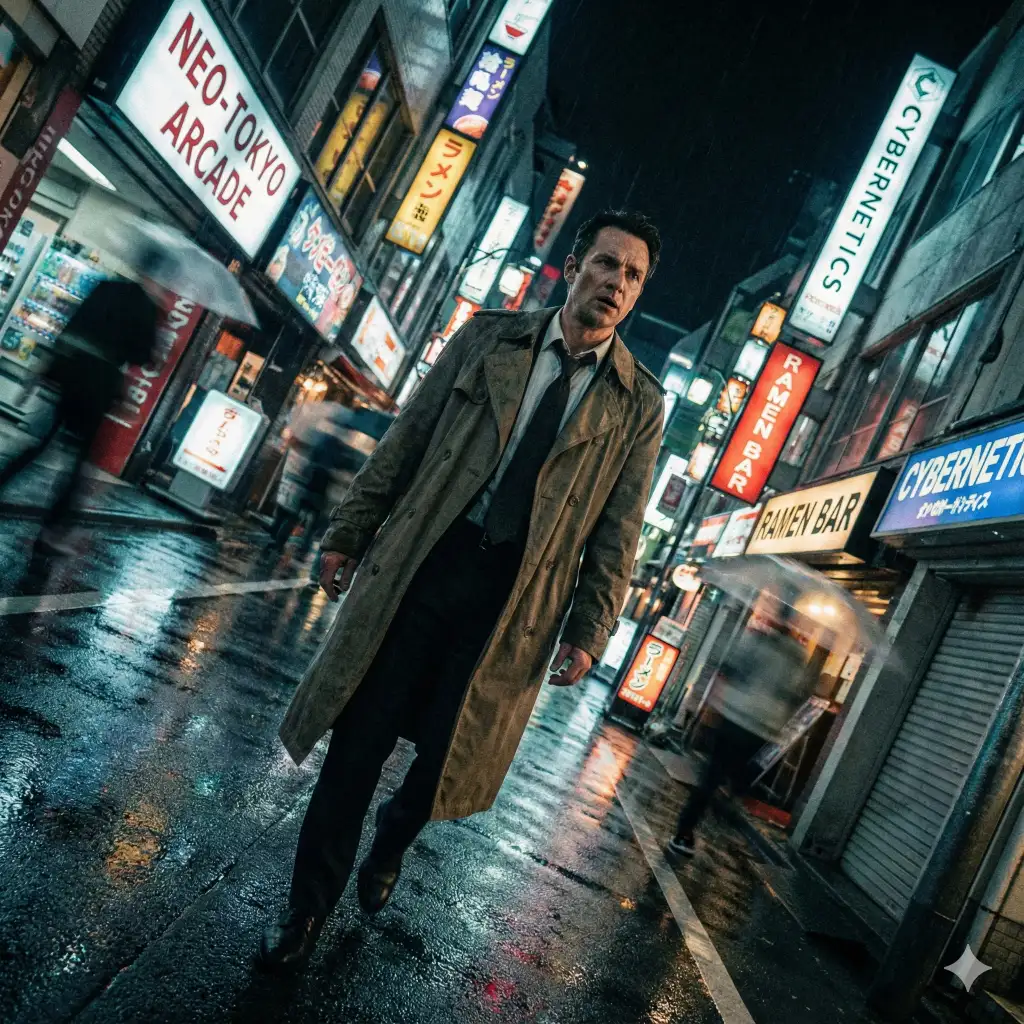 Create a dutch angle shot of a man walking through a neon-lit city street at night, tilted camera for dramatic tension, cinematic lighting, motion blur in background, bold atmosphere. Use aspect ratio 1:1.